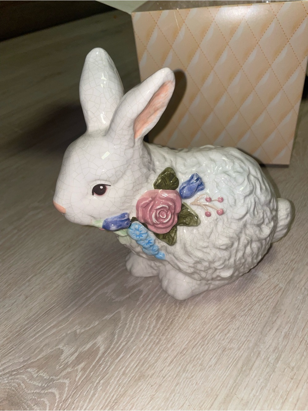 Roman Inc. White Porcelain Crackle Finish Rabbit Figurine with Floral Accent